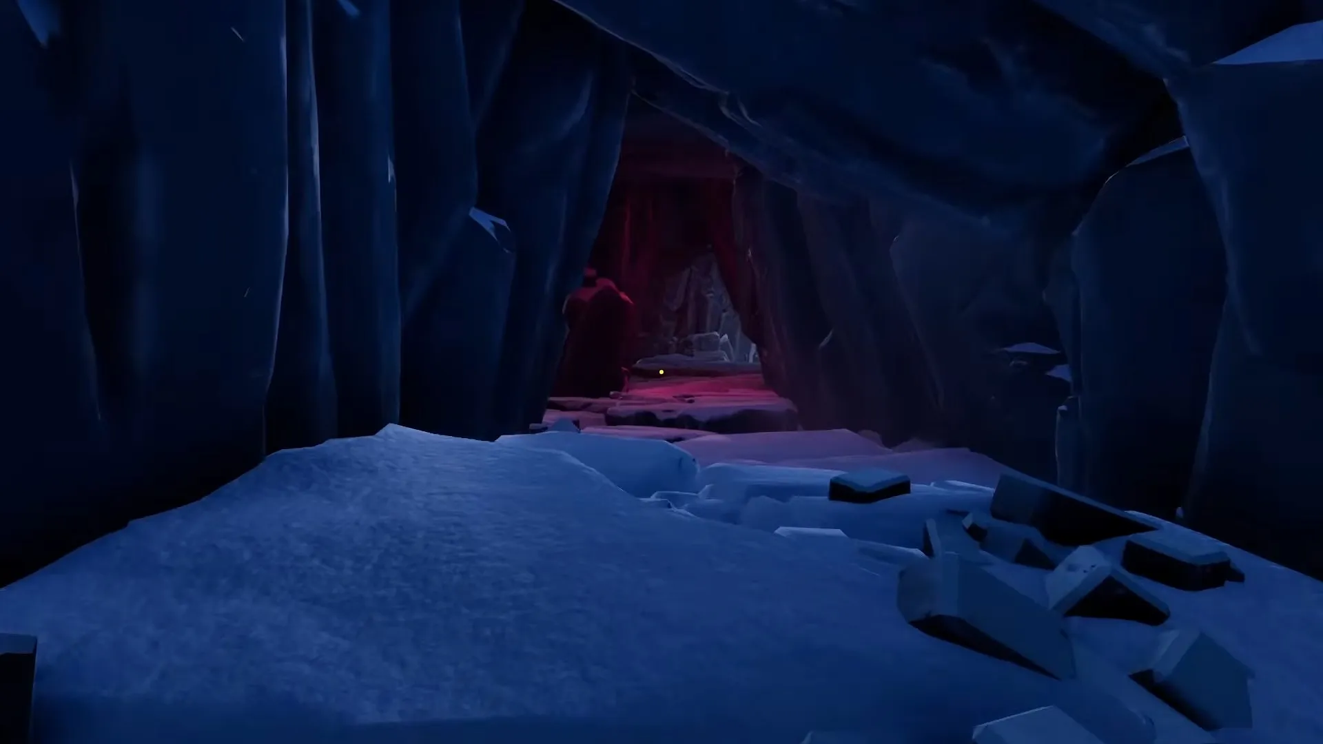 We Were Here Tomorrow snowy cave passage with a red light glowing ahead on The Shoreline