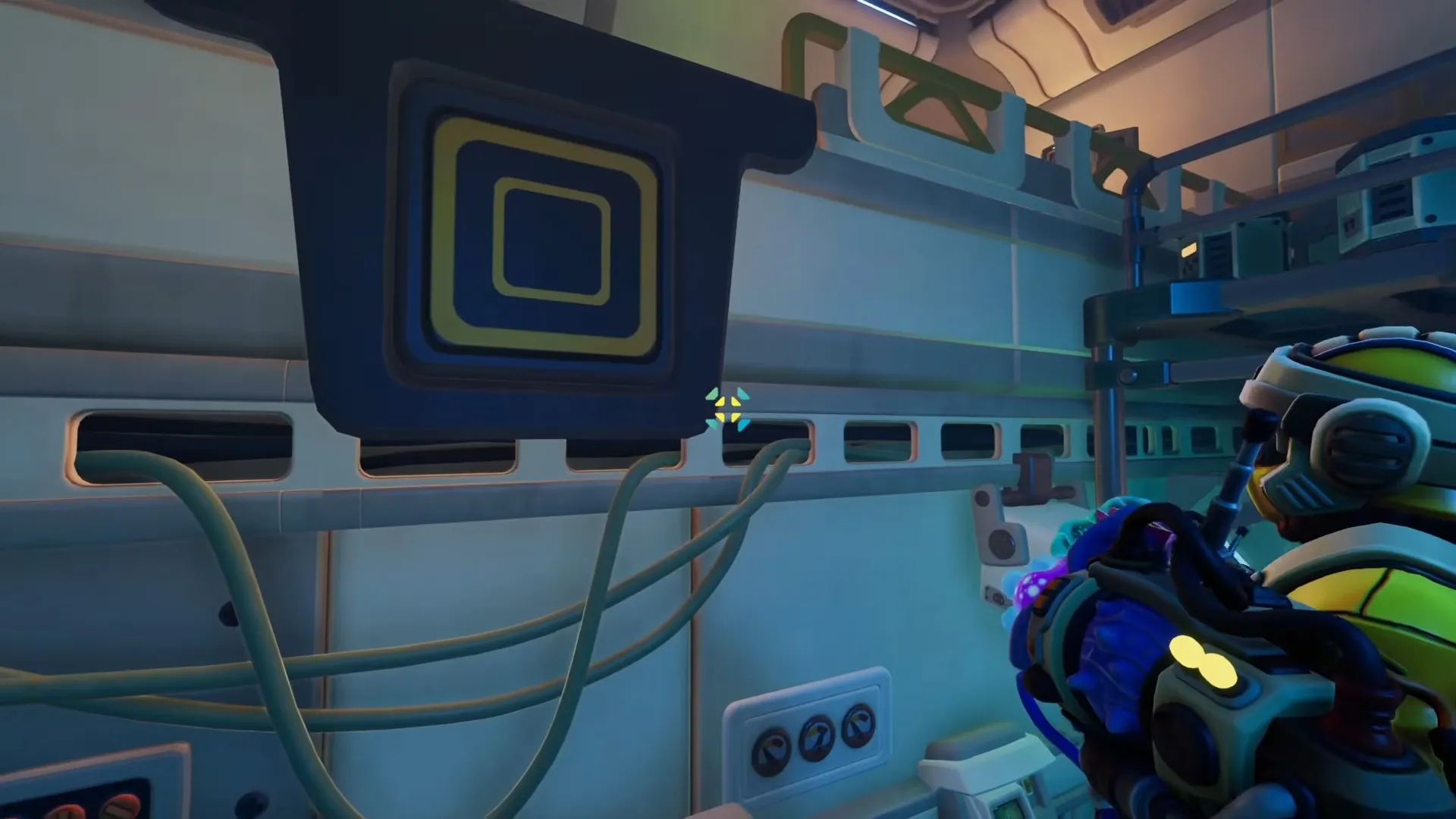 We Were Here Tomorrow upgraded Hook Gun aimed at a ceiling connection point in the test room