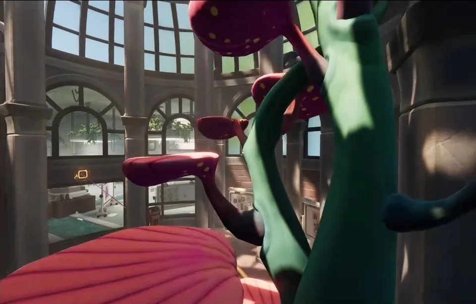 We Were Here Tomorrow player climbing a tall green spotted plant in the greenhouse hall